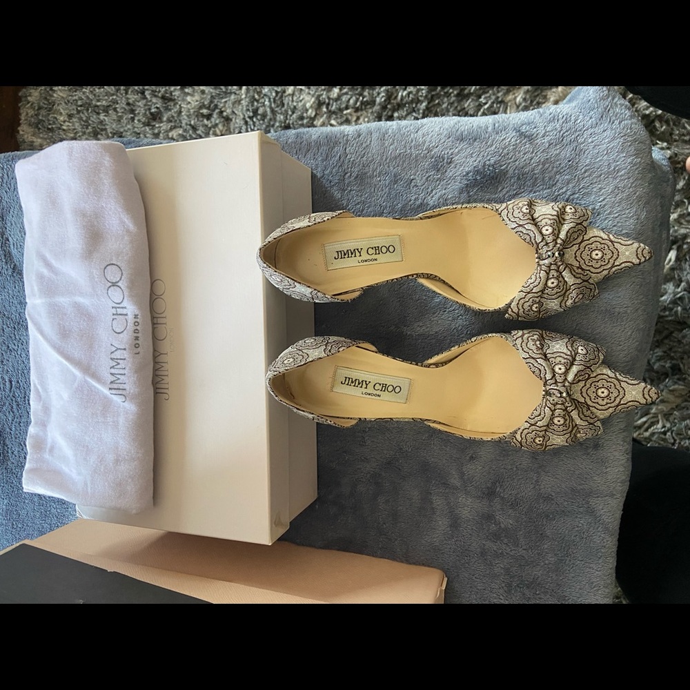 Jimmy Choo brown Miranda kitten heel metallic print bow